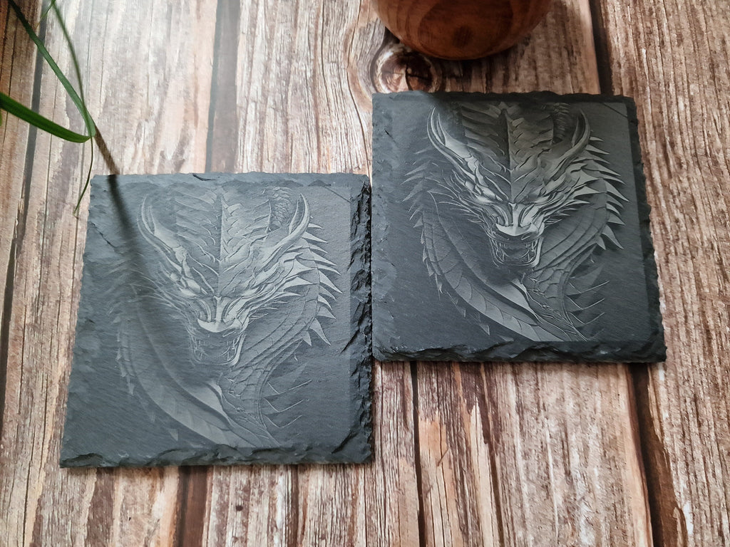 Dragon Slate Coasters: Laser Engraved Drink Coaster Set