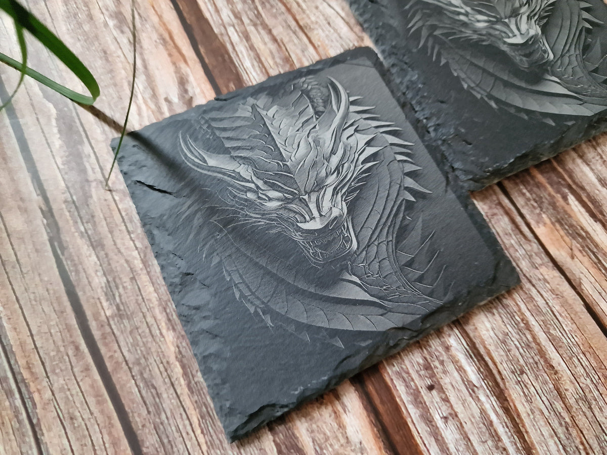 Dragon Slate Coasters: Laser Engraved Drink Coaster Set