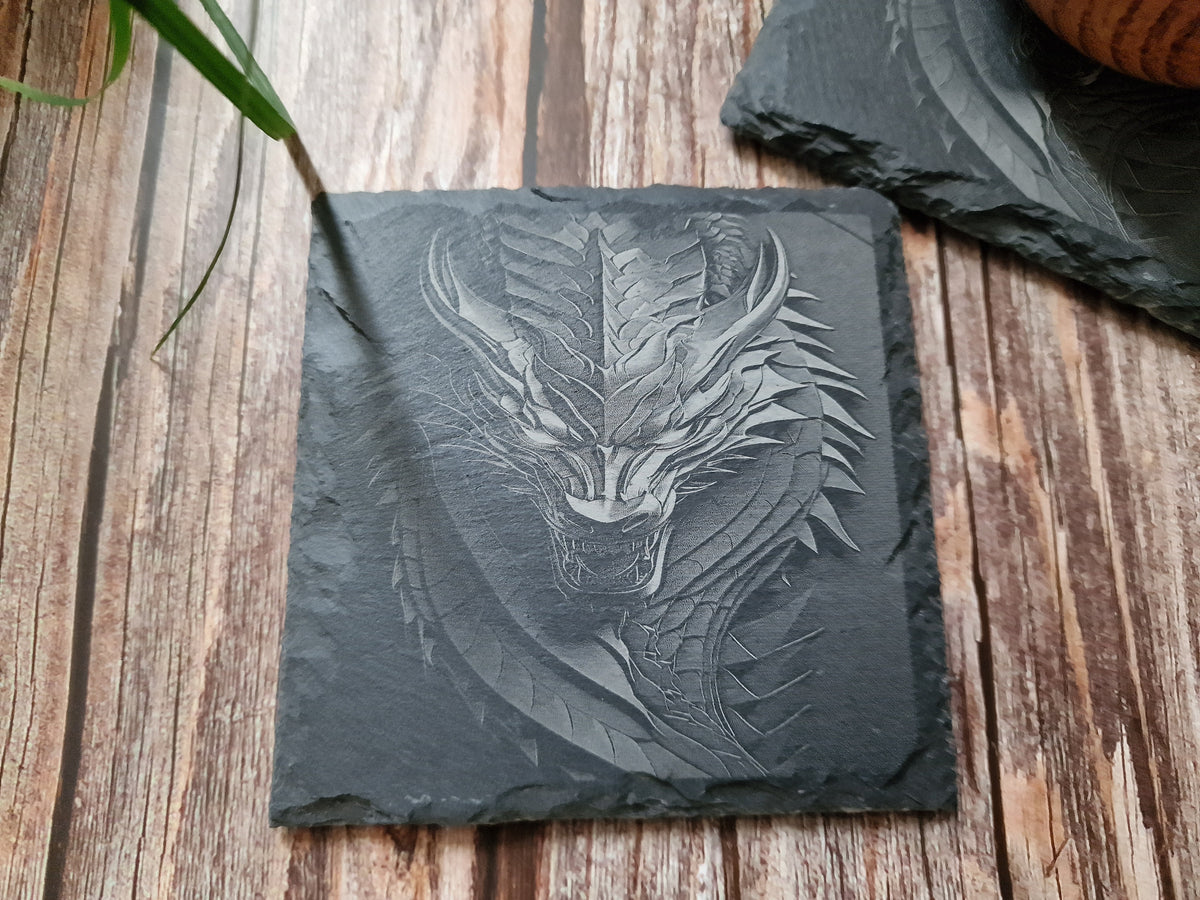 Dragon Slate Coasters: Laser Engraved Drink Coaster Set