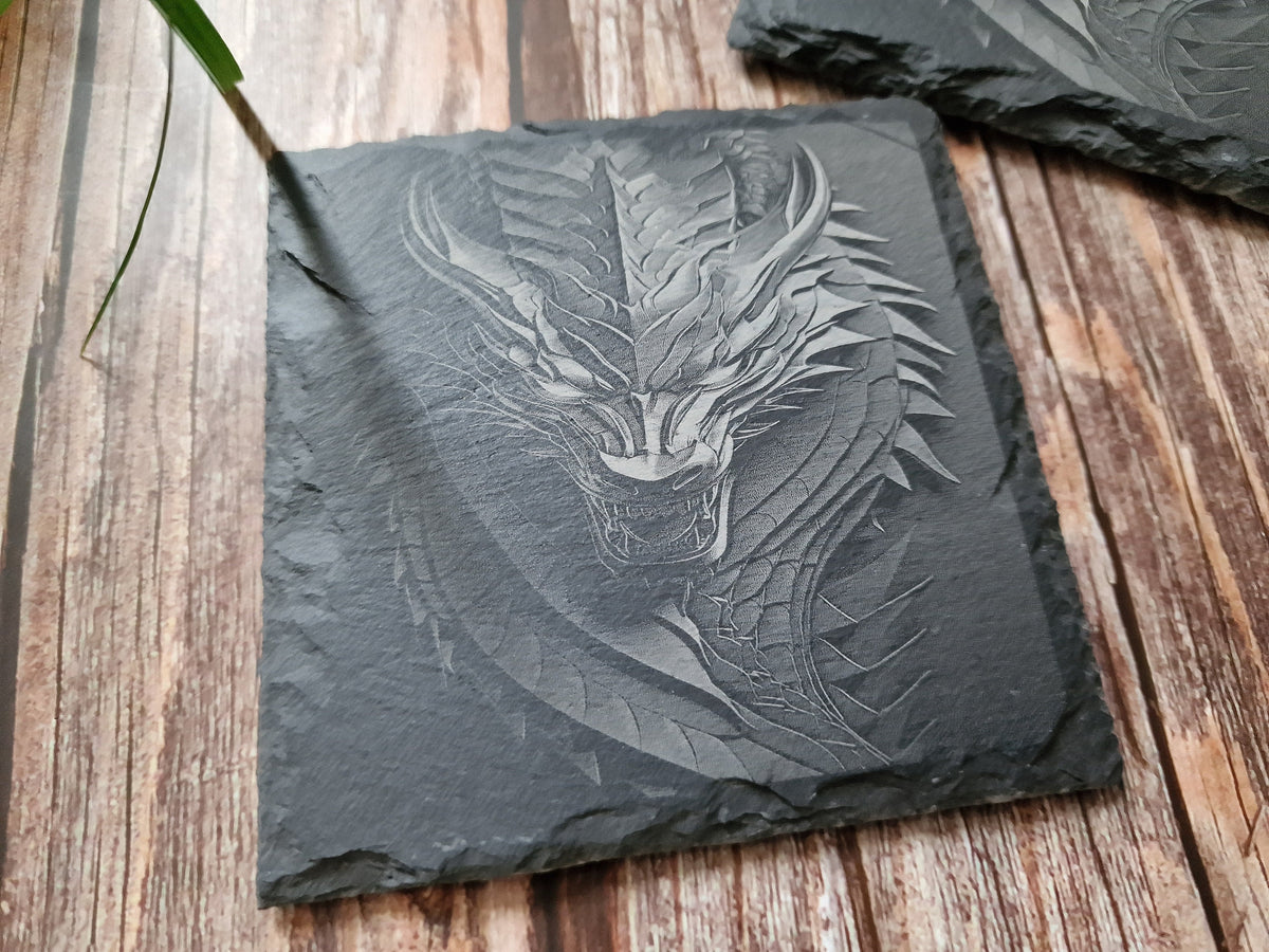 Dragon Slate Coasters: Laser Engraved Drink Coaster Set
