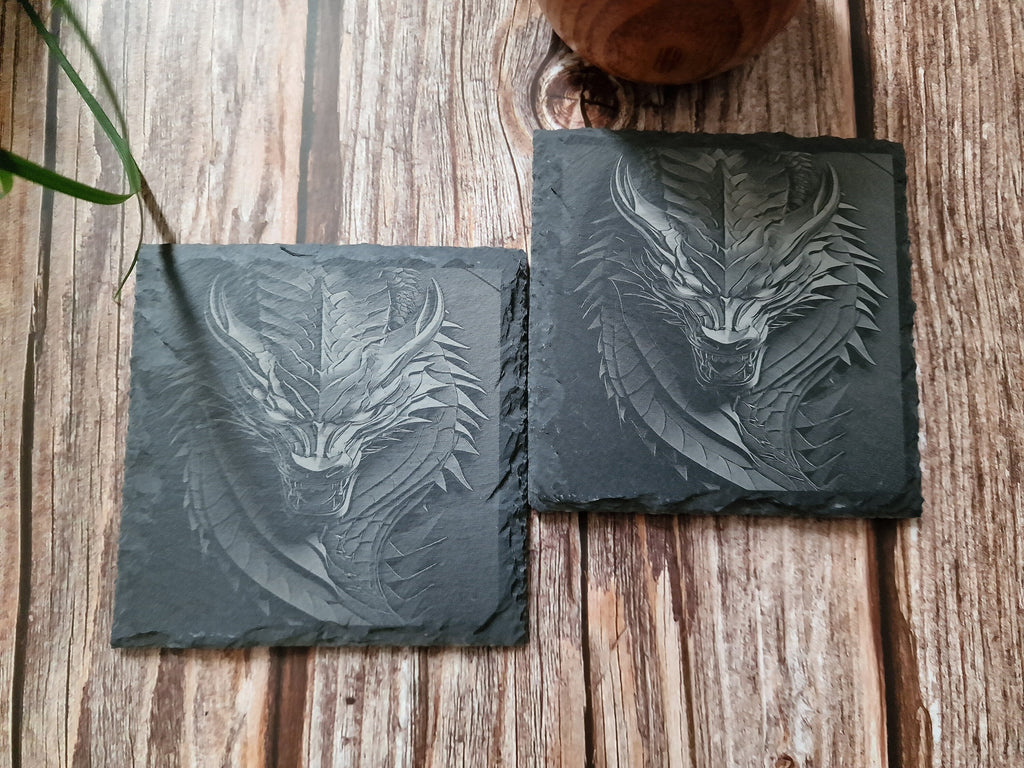 Dragon Slate Coasters: Laser Engraved Drink Coaster Set