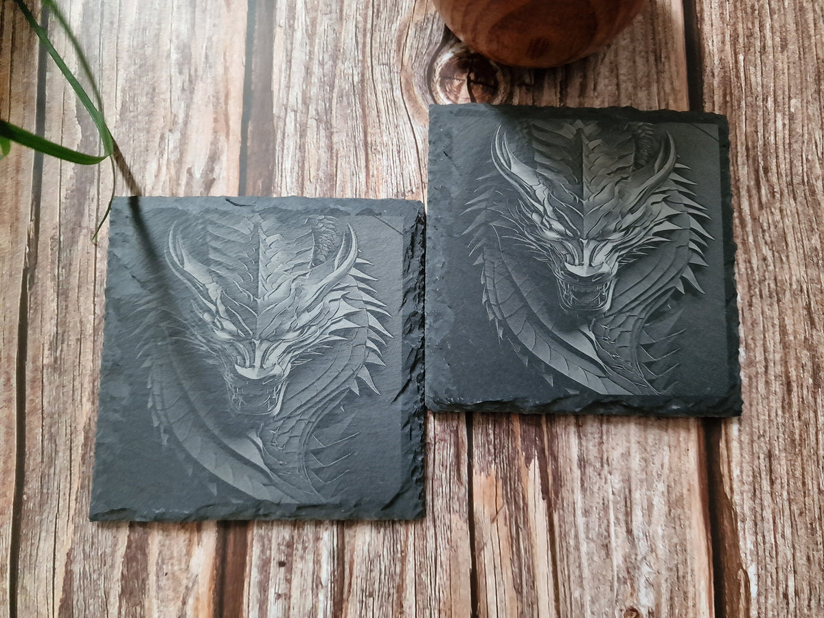 Dragon Slate Coasters: Laser Engraved Drink Coaster Set