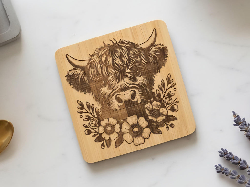 Highland Cow Bamboo Coasters