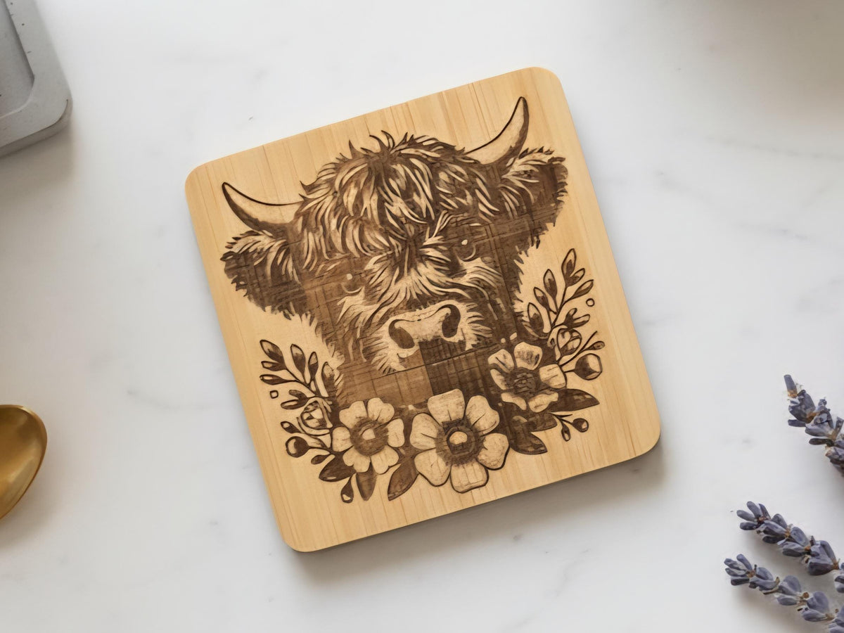 Highland Cow Bamboo Coasters