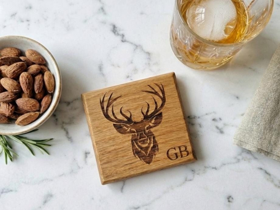 Personalized Solid Oak Stag Coaster , Whisky Coasters.