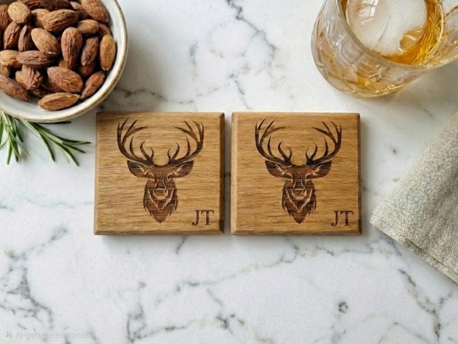 Personalized Solid Oak Stag Coaster , Whisky Coasters.