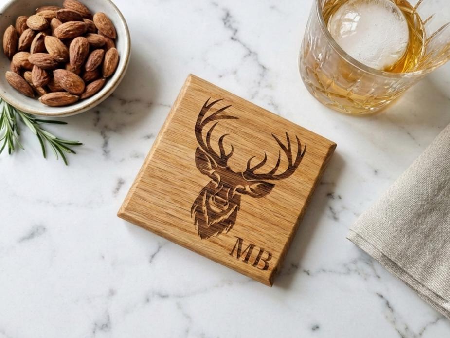 Personalized Solid Oak Stag Coaster , Whisky Coasters.