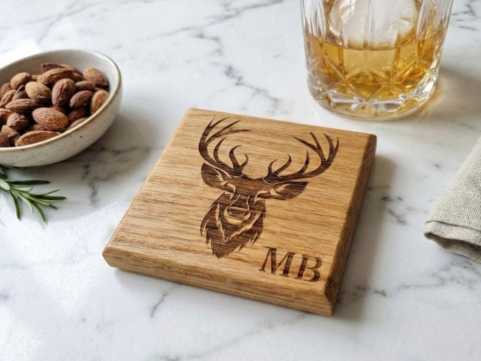 Personalized Solid Oak Stag Coaster , Whisky Coasters.